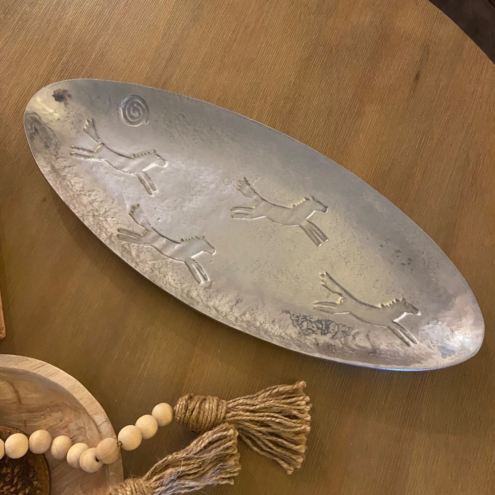 Silver Platter Polished Pewter Horse Petroglyph Design by Holland Boone